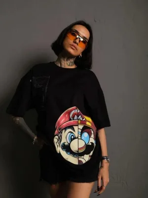 Ženska crna oversize bicikli kragna Mario print majica