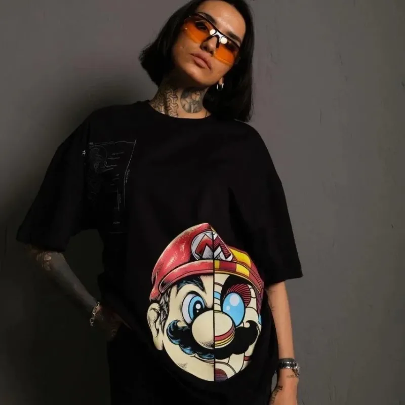 Women's Black Oversize Scoop Neck Mario Print T-Shirt