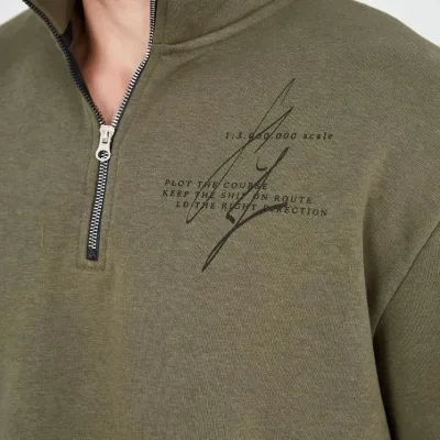 Men's Green Half Zip 3-Thread Cotton Printed Sweatshirt 8
