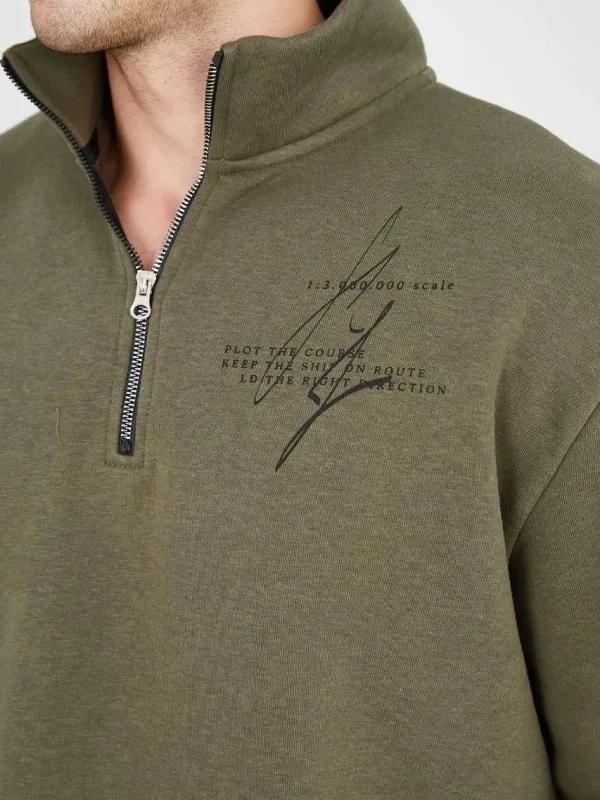 Men's Green Half Zip 3-Thread Cotton Printed Sweatshirt 8