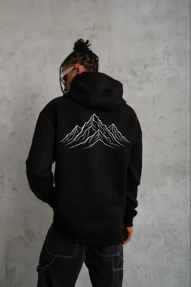 Pánský černý bavlněný sweatshirt s kapucí a potiskem, 3 nitě 1