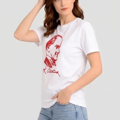 Ženska Bela Bicikli Kragna Ataturk Print Majica 3