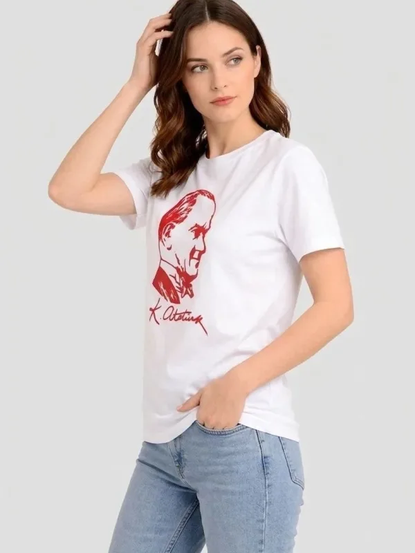Ženska Bela Bicikli Kragna Ataturk Print Majica 3