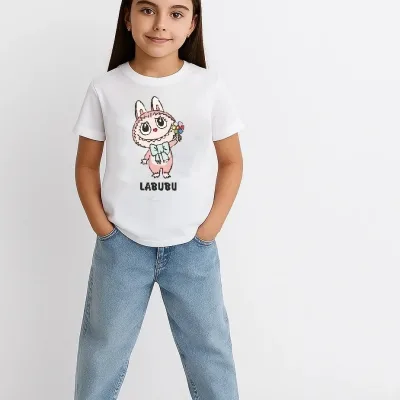 Qız Ağ Labubu Çapı Oversize Uşaq Köynəyi 2