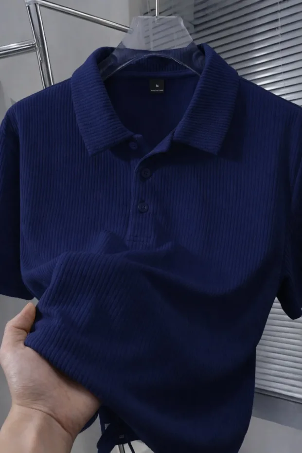 Erkek Lacivert Oversize Bisiklet Yaka Fitilli Pamuklu Polo Tişört 1