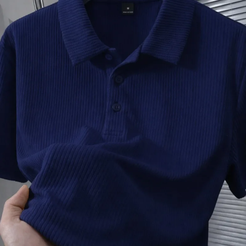 Maschio Blu Scuro Polo Collo Oversize Costina Tessuto 100% Cotone Taglio Largo Collo a Barca
