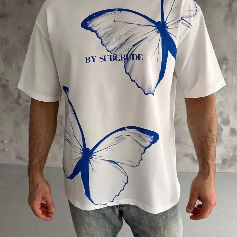 Férfi Fehér Oversize Kerékpár Nyakú Nyomott Póló