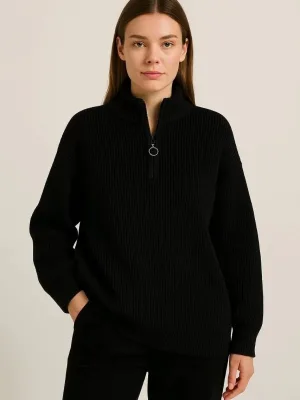 Women Black Oversize Stand Collar Half Zip Knit Sweater