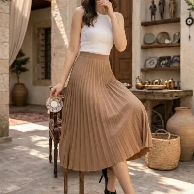 Női Barna Szatén Pliszírozott Midi Szoknya Elegáns Finom Design 5
