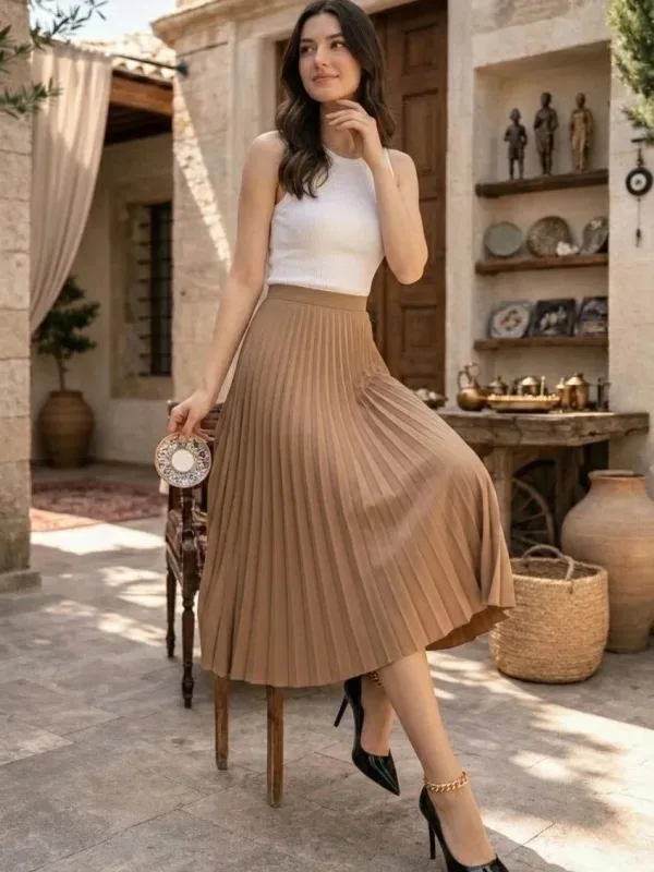 Női Barna Szatén Pliszírozott Midi Szoknya Elegáns Finom Design 5