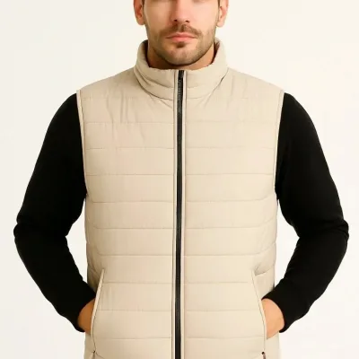 Vest for Men, Beige, Waterproof, Zippered, Quilted, Puffy 2