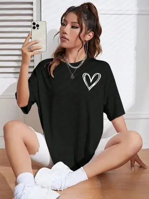 Damski czarny oversize rowerowy kołnierz z nadrukiem T-shirt