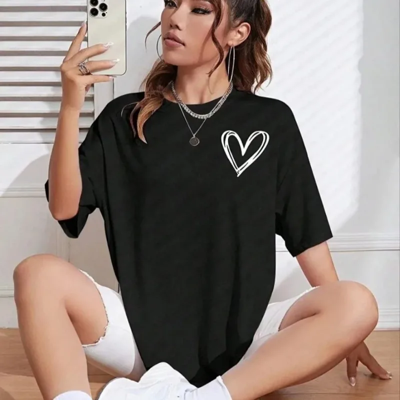 Damski czarny oversize rowerowy kołnierz z nadrukiem T-shirt