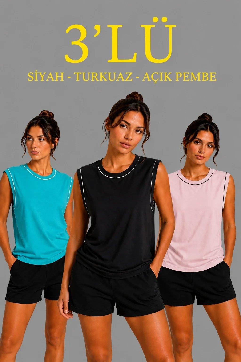 Kadın 3'lü Set Bisiklet Yaka Kolsuz Sporcu Atlet