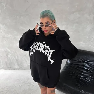 Damski Czarny Oversize Kaptur Kieszeń Nadruk 3-nitkowy Bawełniany Sweatshirt 2