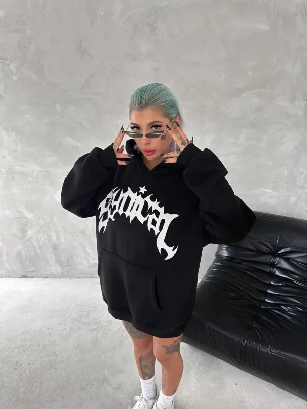 Damski Czarny Oversize Kaptur Kieszeń Nadruk 3-nitkowy Bawełniany Sweatshirt 2