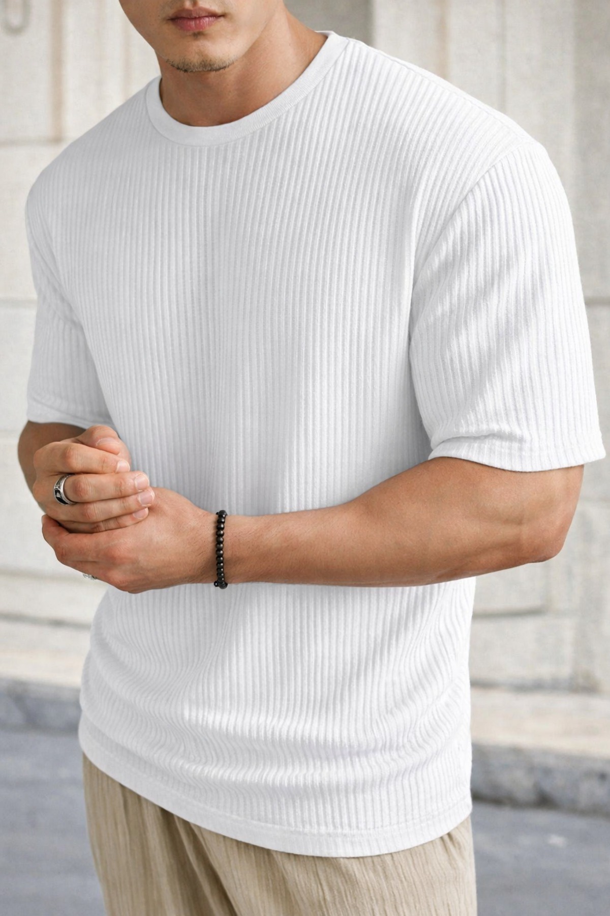Biały oversize prążkowana bawełna męski T-shirt 2