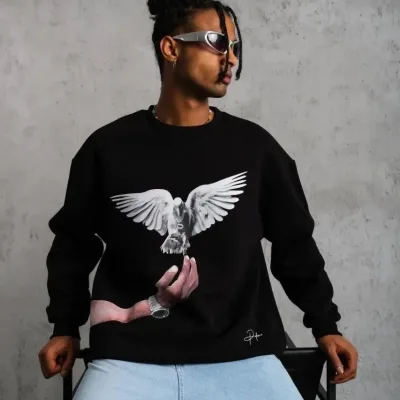 Men's Black 3-Thread Crew Neck Dove Printed Sweatshirt 3