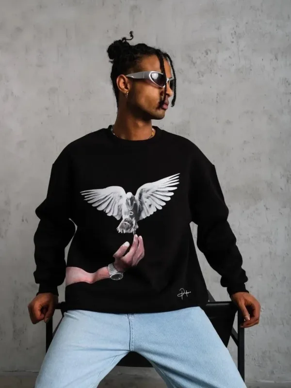 Men's Black 3-Thread Crew Neck Dove Printed Sweatshirt 3