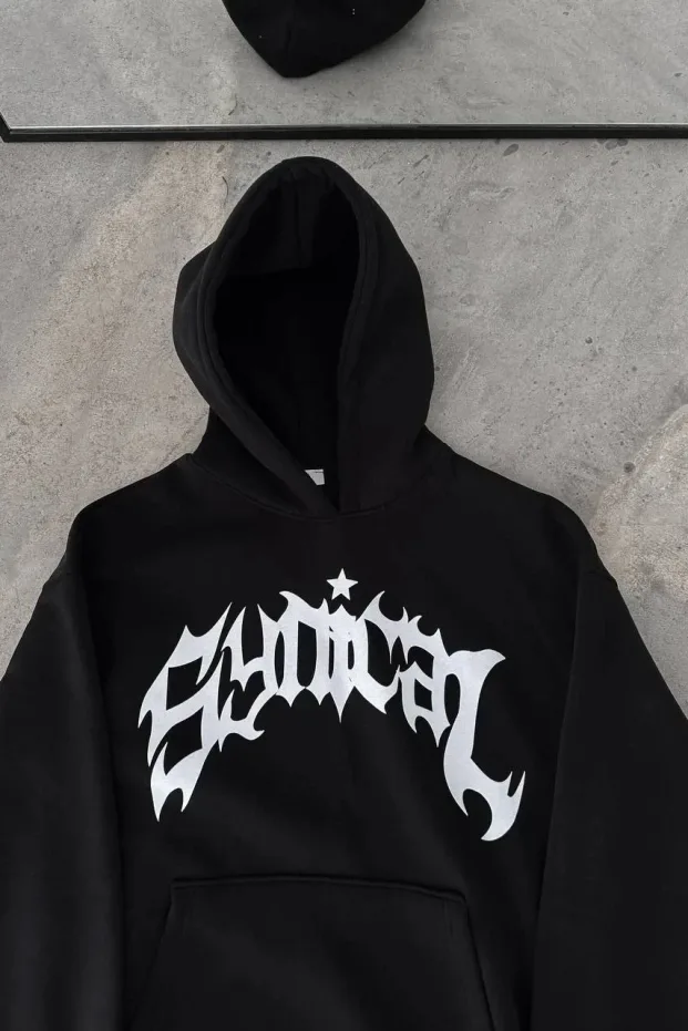 Erkek Siyah 3 İplik Pamuklu Baskılı Kapüşonlu Kanguru Cepli Sweatshirt 2