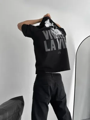 Men's Black Regular Cycling Neck Front Back Printed T-Shirt