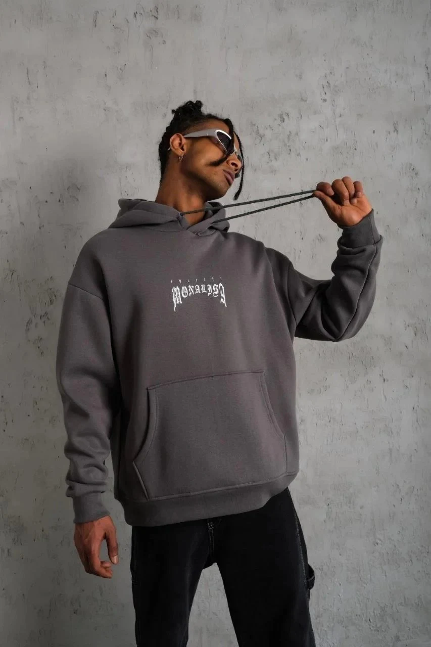 Pánské šedé oversized 3-nitní bavlněné kapucové potištěné mikiny