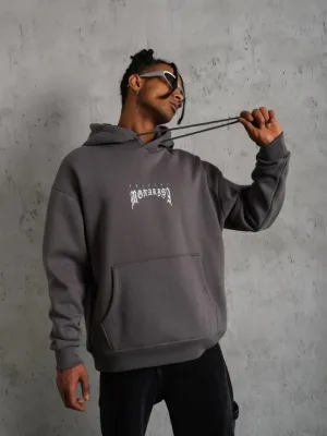 Pánské šedé oversized 3-nitní bavlněné kapucové potištěné mikiny