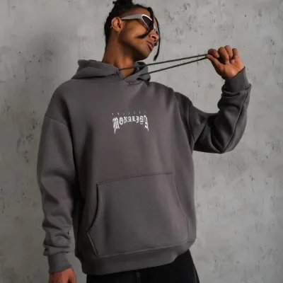 Pánské šedé oversized 3-nitní bavlněné kapucové potištěné mikiny 1