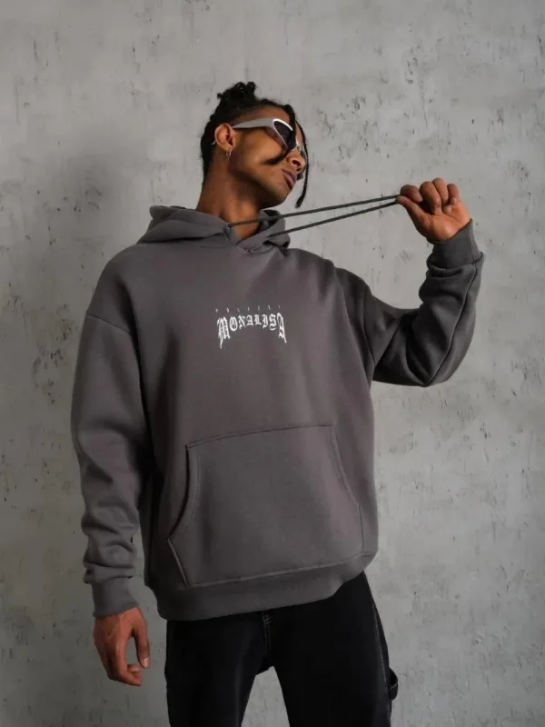 Pánské šedé oversized 3-nitní bavlněné kapucové potištěné mikiny 1