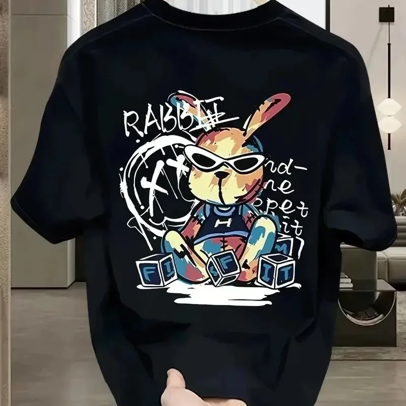 Bărbați Tricou Negru cu Imprimeu Iepure și Mânecă Scurtă