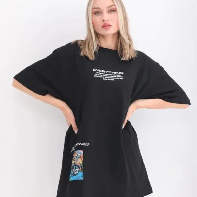 Women's Black Oversize Crew Neck Printed T-Shirt 3