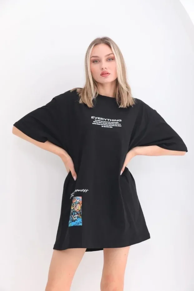 Femeie Neagră Oversize Guler Bicicletă Tricou Imprimat 3
