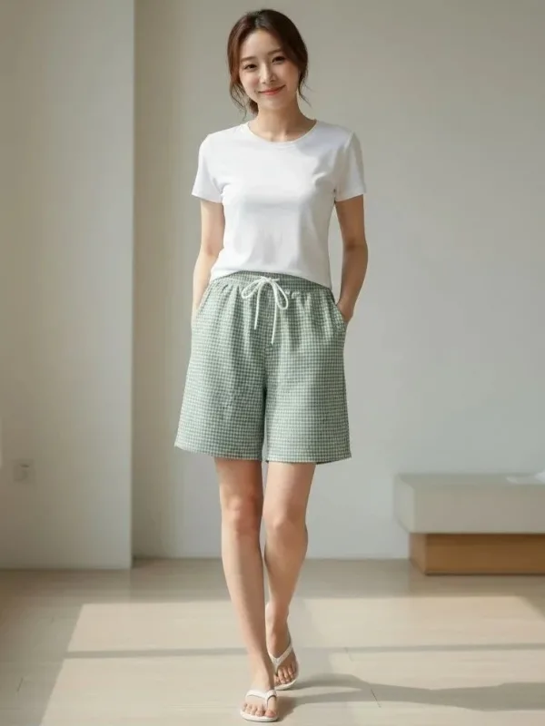 Ženske mint zelene karirane šorc sa elastičnim strukom, vezicama i džepovima 1