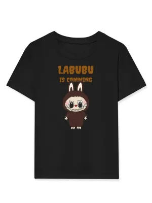 Момичешко черно оувърсайз тениска с принт Labubu