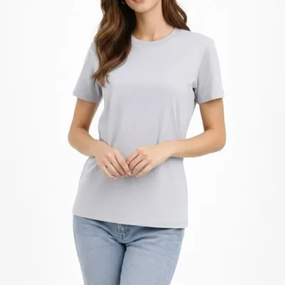 Women's Gray Regular Scoop Neck Short Sleeve Plain T-Shirt 3