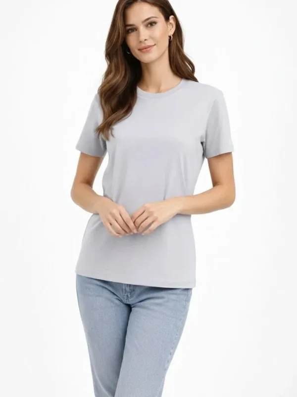 Women's Gray Regular Scoop Neck Short Sleeve Plain T-Shirt 3