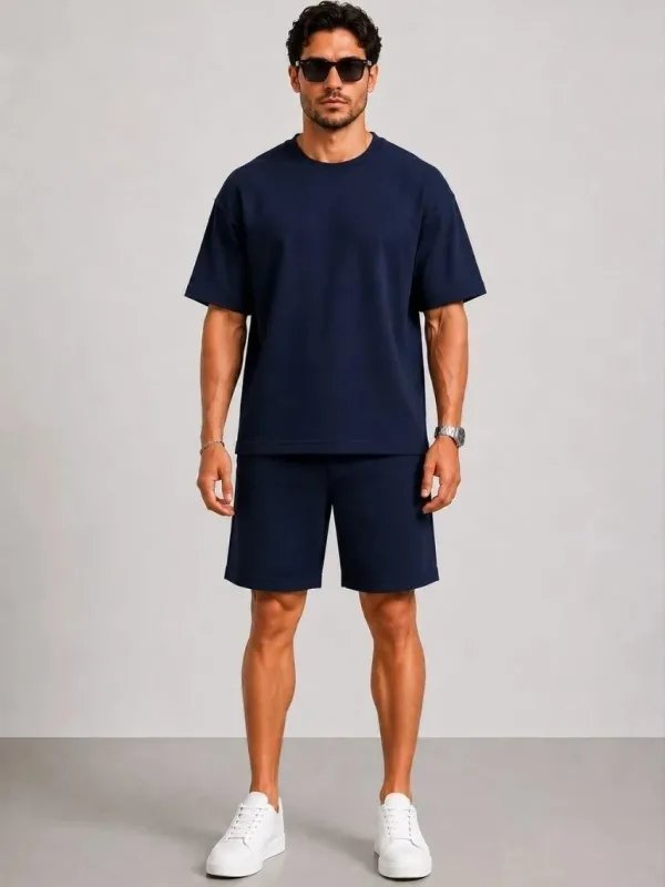 Ανδρικό Σκούρο Μπλε Oversize Μοντάλ Μαλακό Υφαντό Σετ με Τσέπες 3