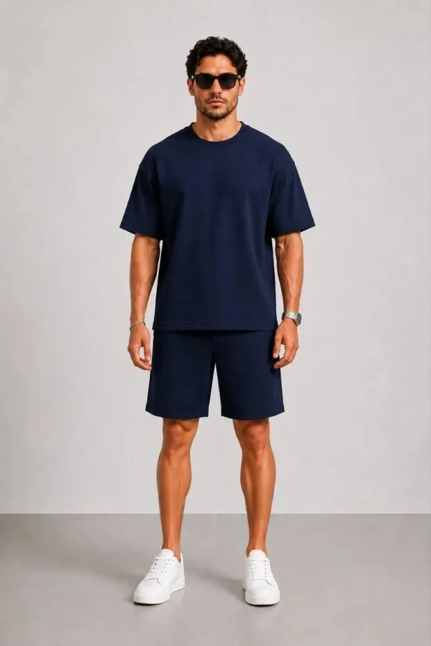 Ανδρικό Σκούρο Μπλε Oversize Μοντάλ Μαλακό Υφαντό Σετ με Τσέπες 3