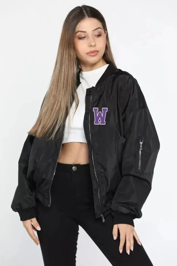 Dámská černá oversize bomber bunda, s potiskem, se zipem, s kapsami, prošívaná 2