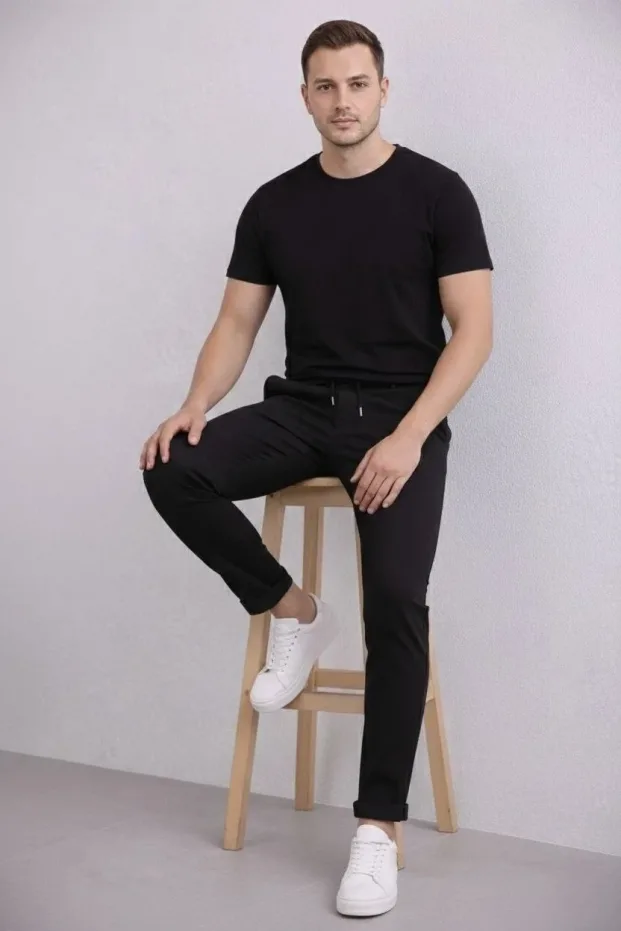 Men's Black Modern Cut Double Cuff Pocket Pants 5