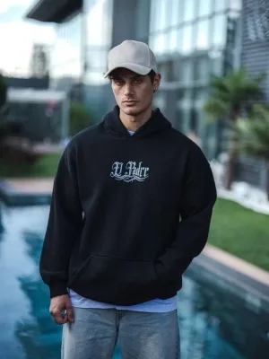 Sweatshirtê Mêran ê Reş ê Oversize ê Bi 3 Têlên Pembo, Kapûşon, Çapkirî