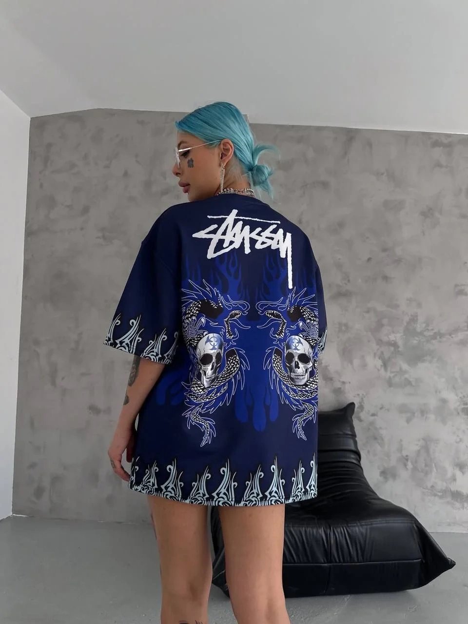 Muška tamnoplava oversize bicikli kragna print majica