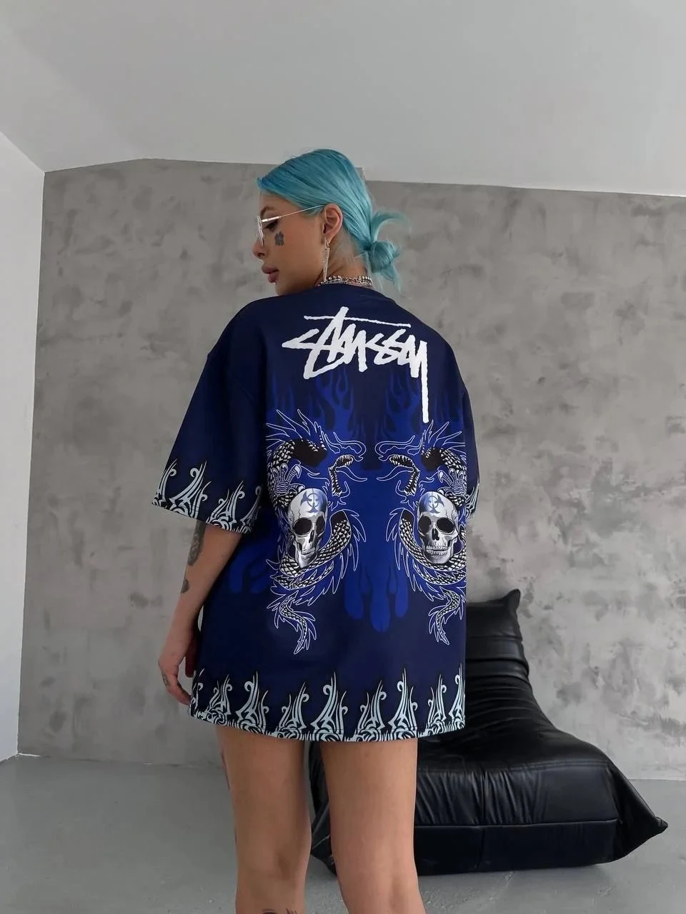Bărbat Tricou Bleumarin Oversize cu Guler Bicicletă, Imprimeu