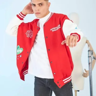 Men's Red Oversize Star College Print Back Jacket 1