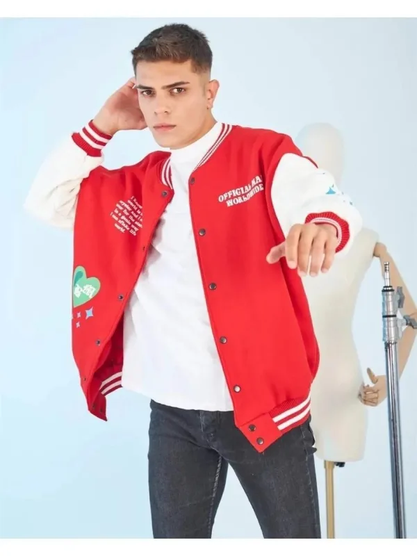 Men's Red Oversize Star College Print Back Jacket 1