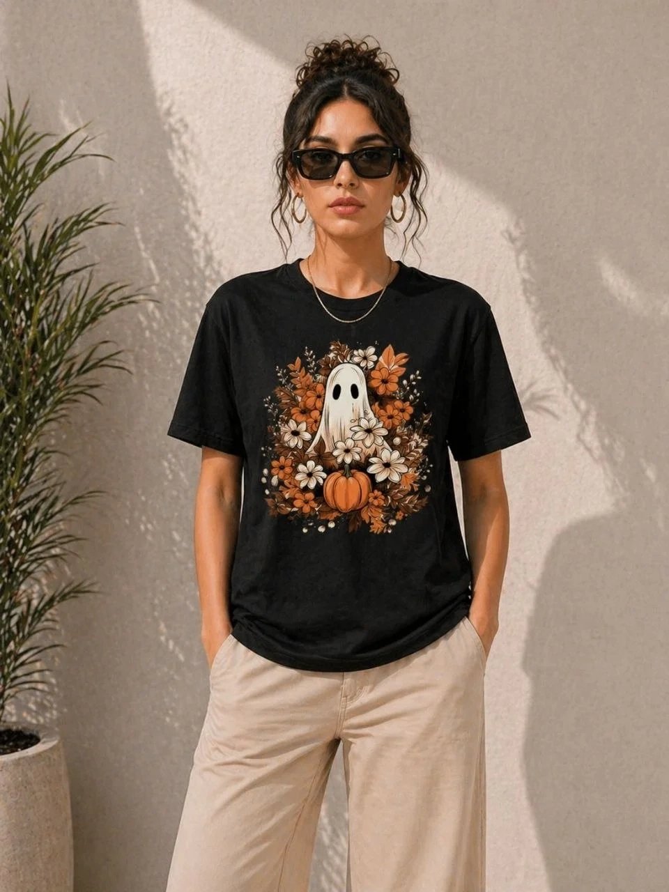 Women's Black Oversize Pumpkin Ghost Printed T-Shirt 3