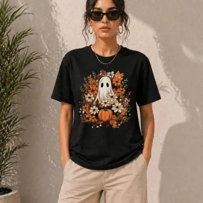 Dámské černé oversized tričko s potiskem dýně a ducha 3