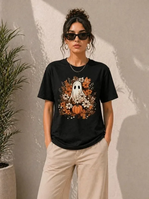 Dámské černé oversized tričko s potiskem dýně a ducha 3