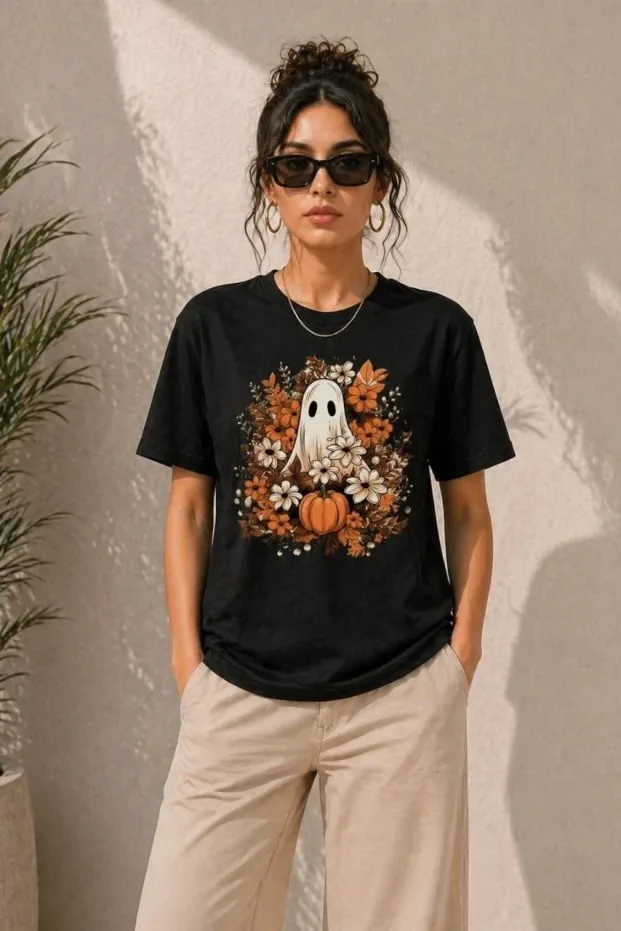 Женски црн oversize тиква дух печатена маица 3