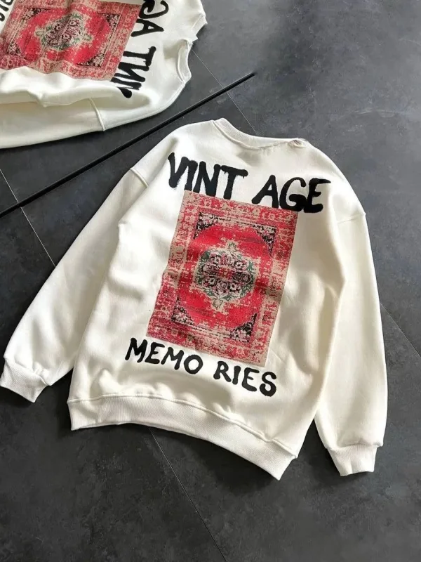 Women's White Oversize Crew Neck 3-Thread Printed Sweatshirt 1